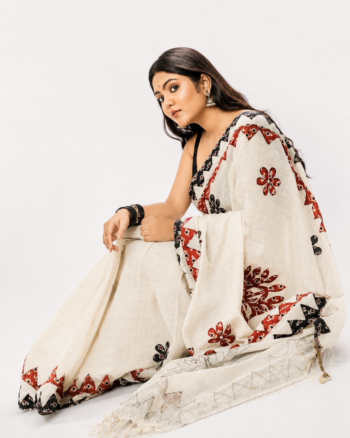 Ananya Khadi Cotton Saree With Ajrakh Applique Work