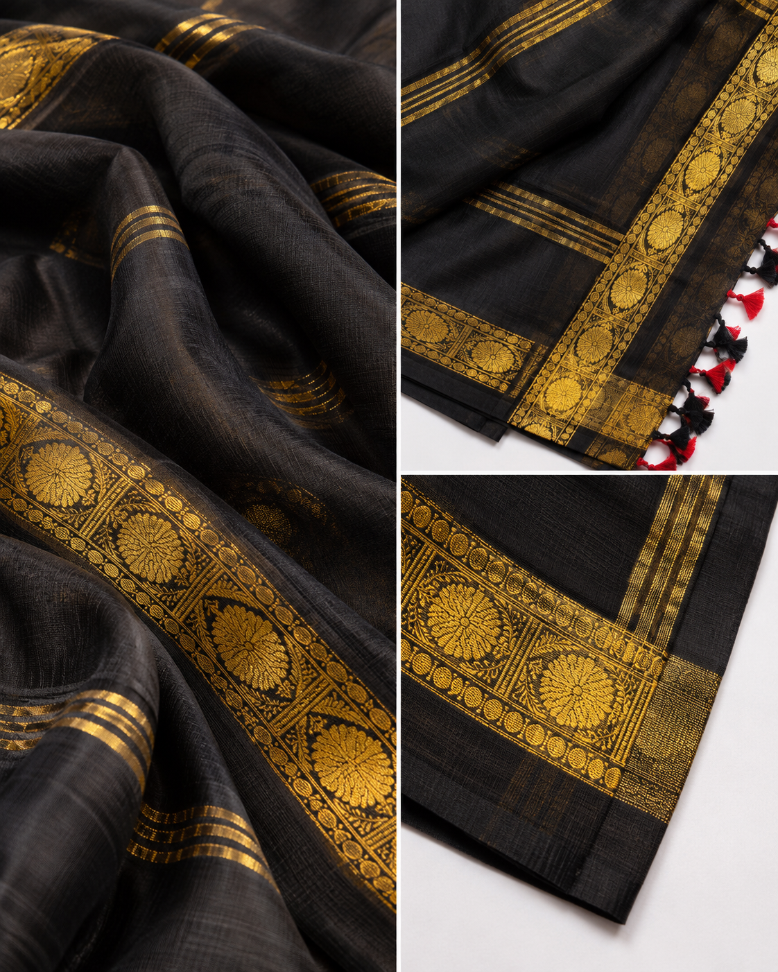 Black and Gold Khadi Mul Cotton saree