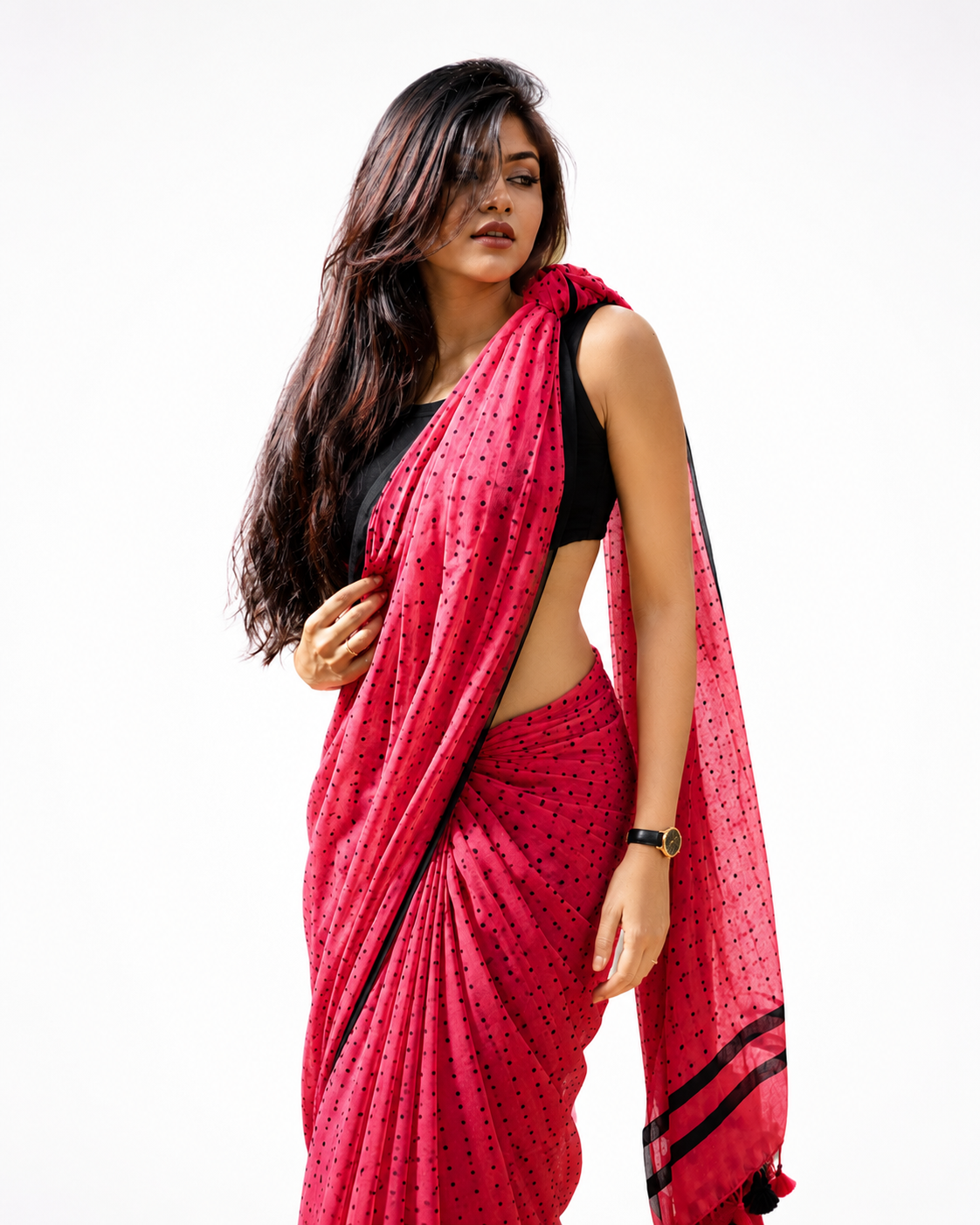 Berry Rush Polka Mul Cotton Saree In Pink Black