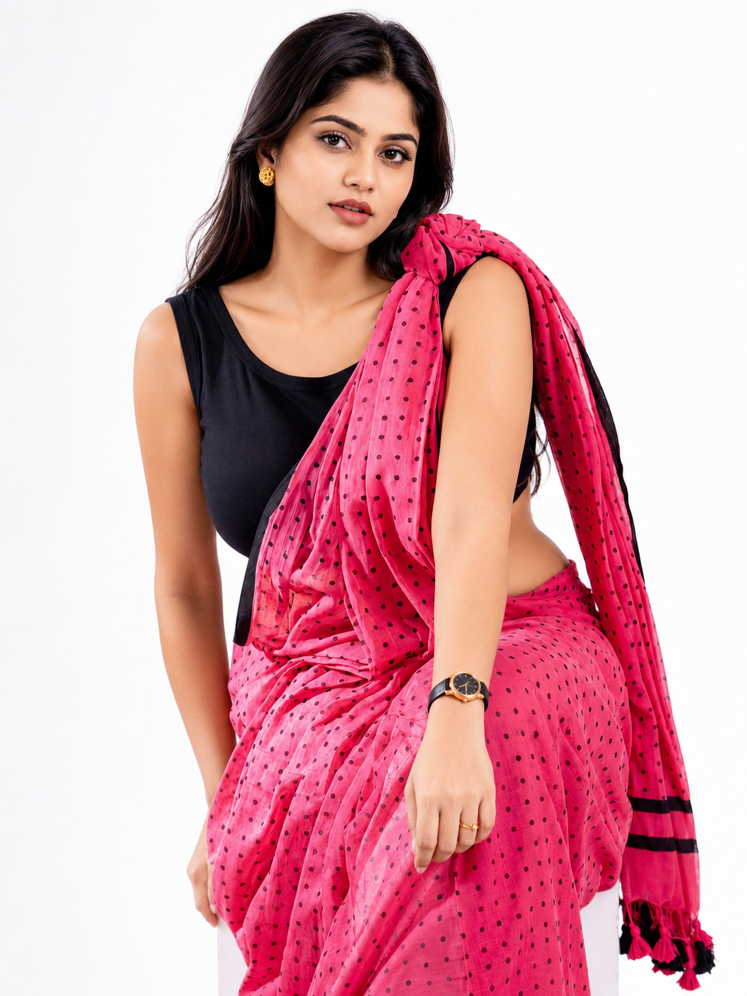 Berry Rush Polka Mul Cotton Saree In Pink Black