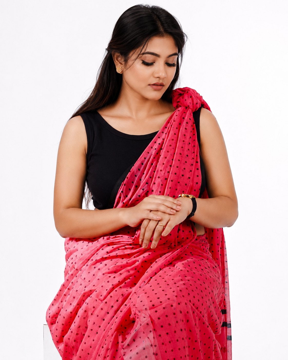 Berry Rush Polka Mul Cotton Saree In Pink Black