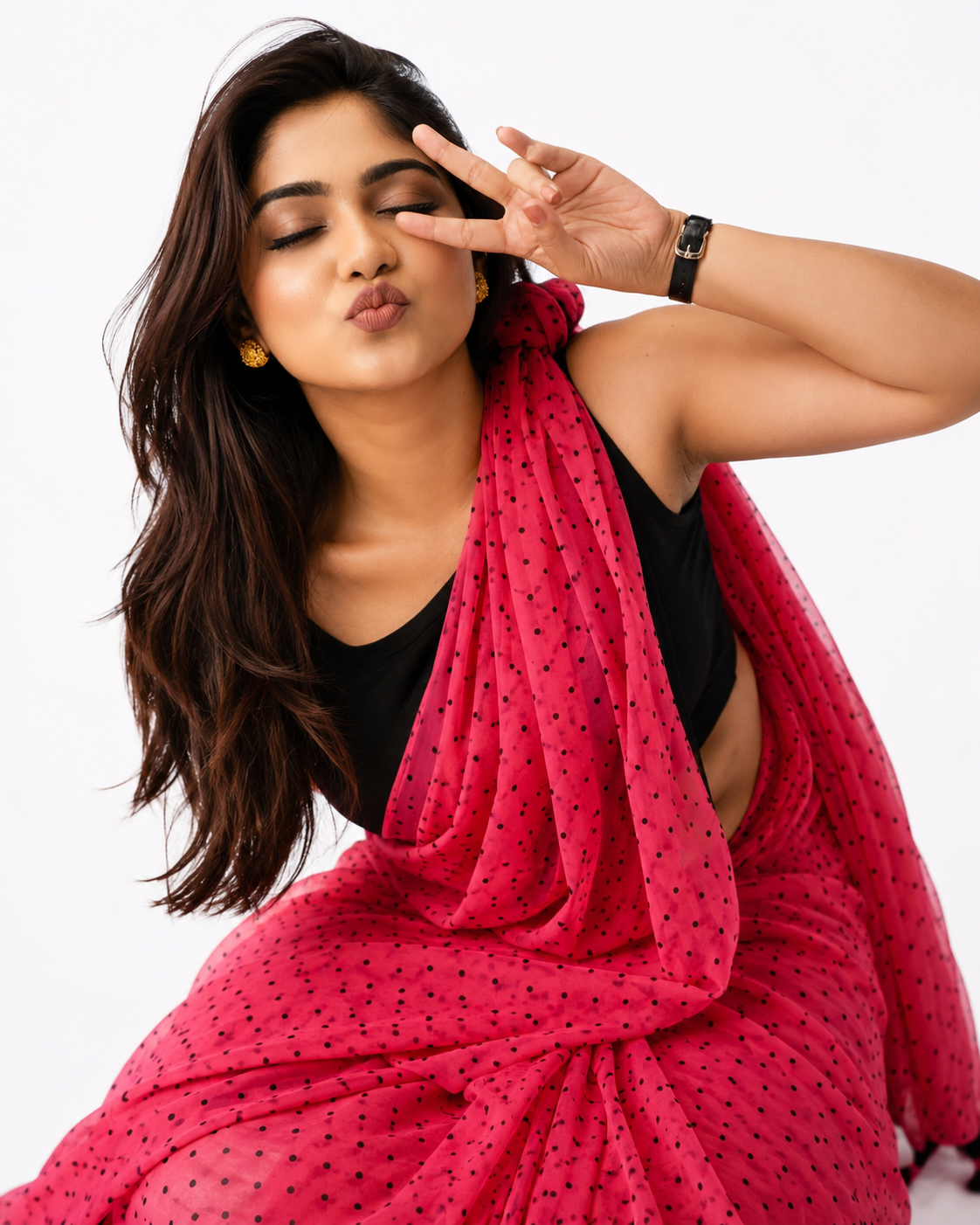 Berry Rush Polka Mul Cotton Saree In Pink Black