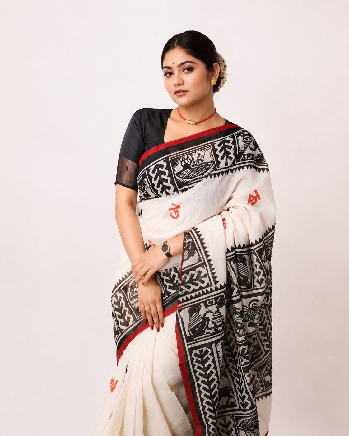 Chandramukhir Sahaj Path Khadi Cotton Saree In Black White