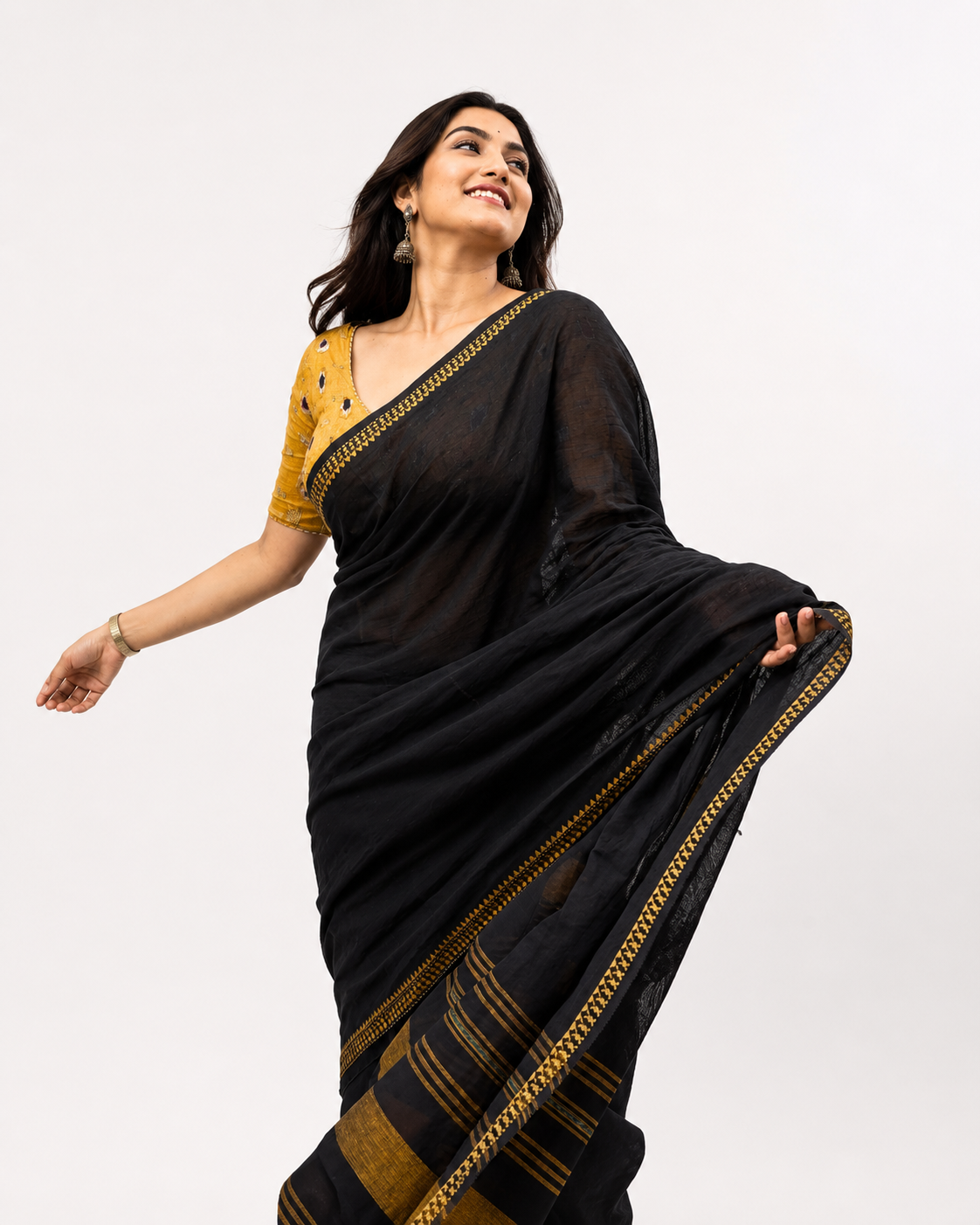 Taani Black And Yellow Temple Border Dhaniakhali Saree