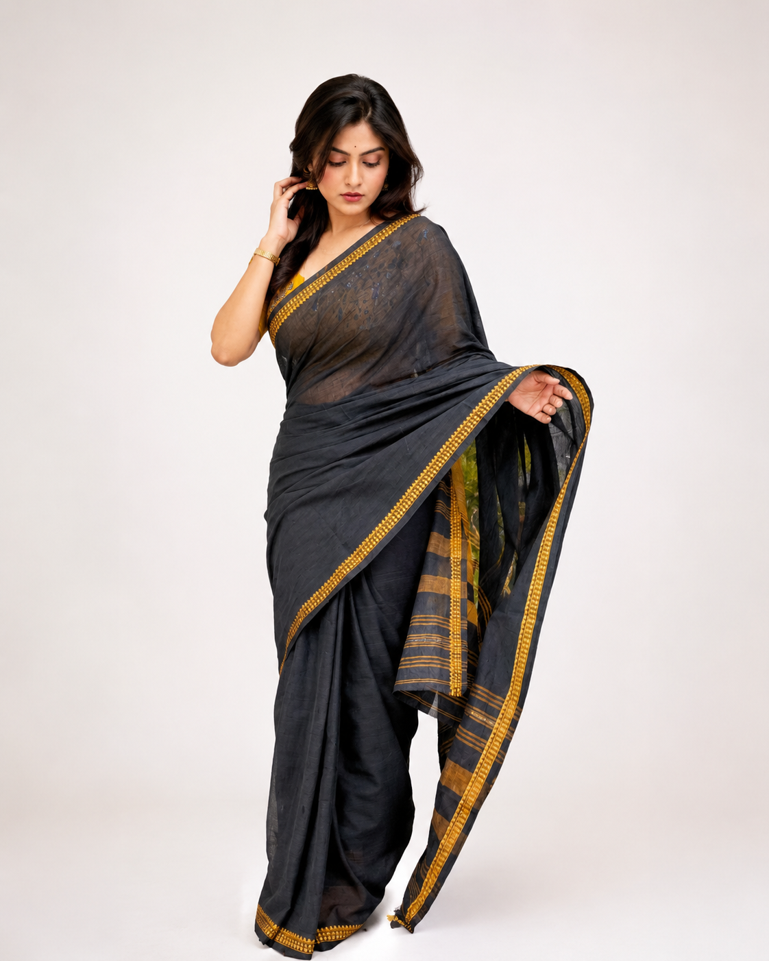Taani Black And Yellow Temple Border Dhaniakhali Saree