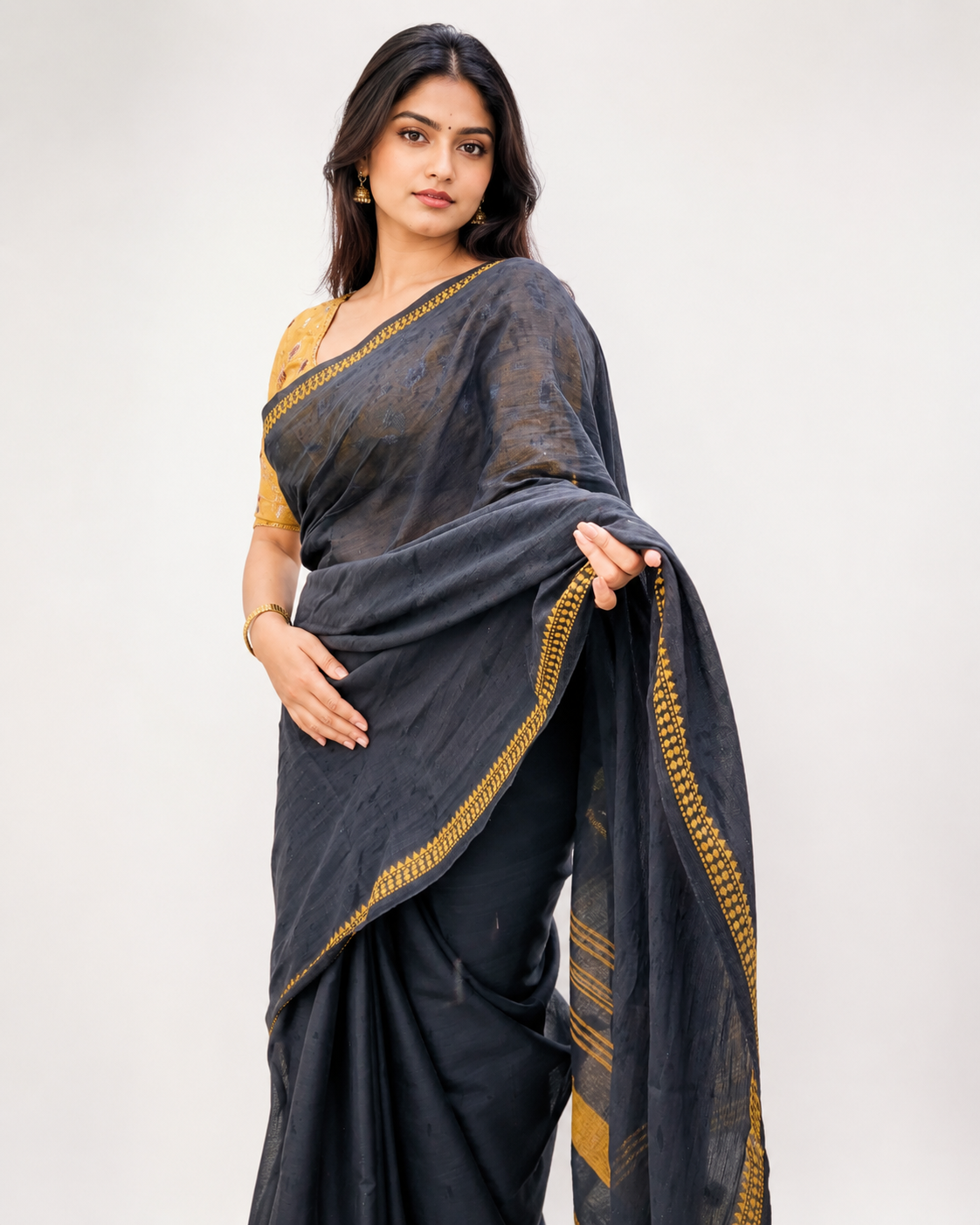 Taani Black And Yellow Temple Border Dhaniakhali Saree