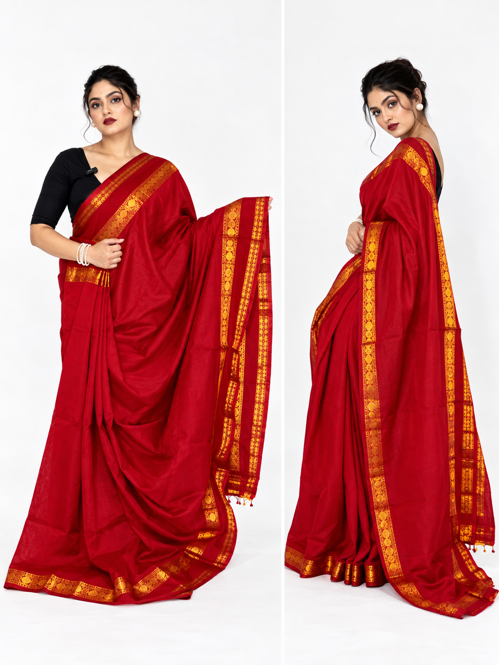 Red and Gold Khadi Mul Cotton Saree