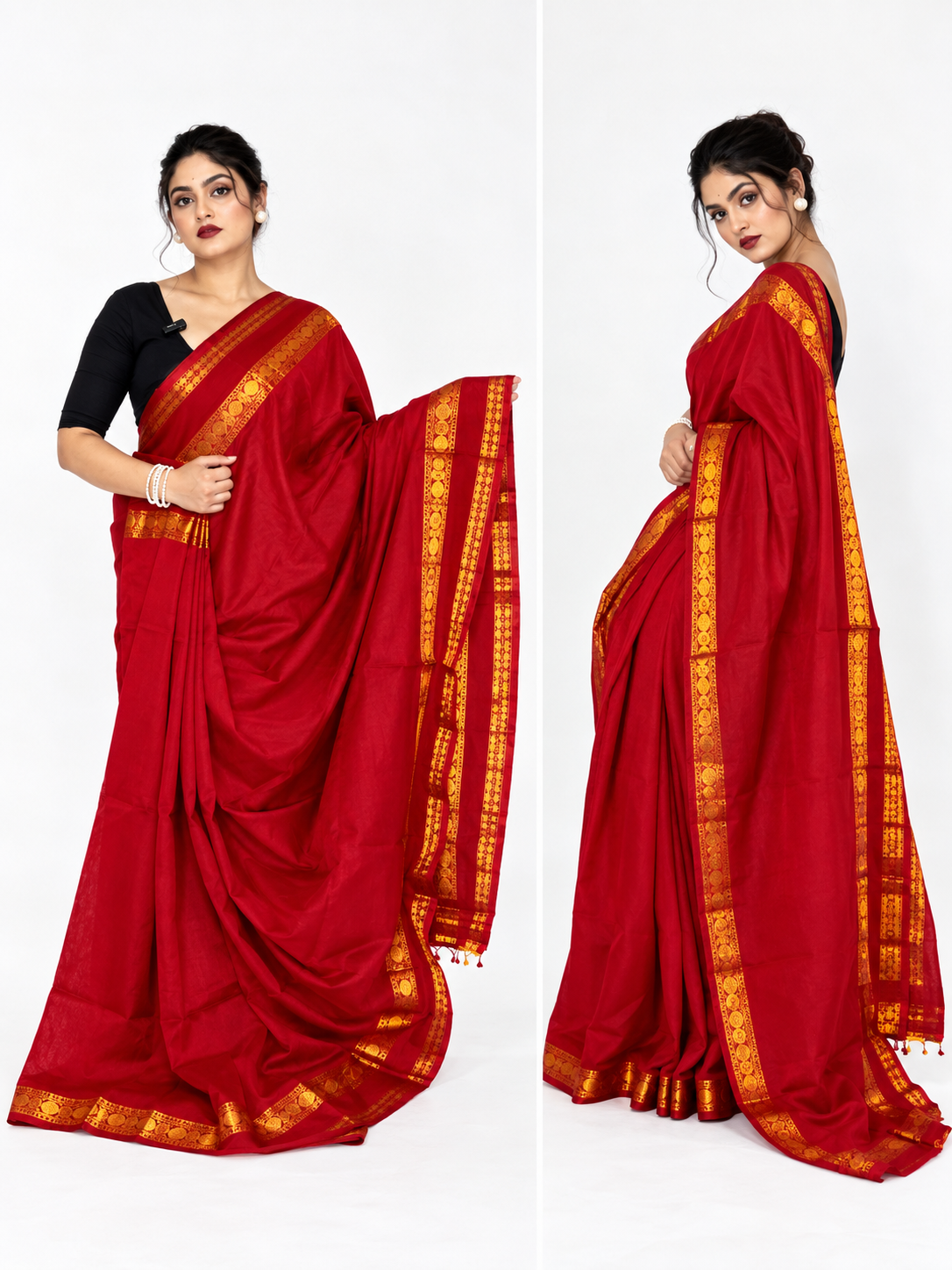 Red and Gold Khadi Mul Cotton Saree