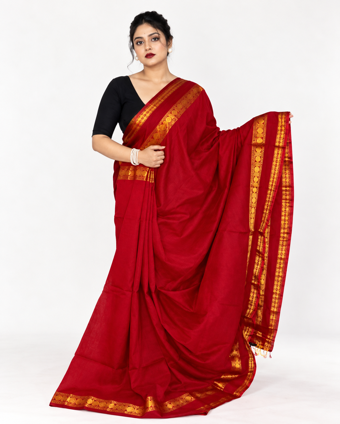 Red and Gold Khadi Mul Cotton Saree