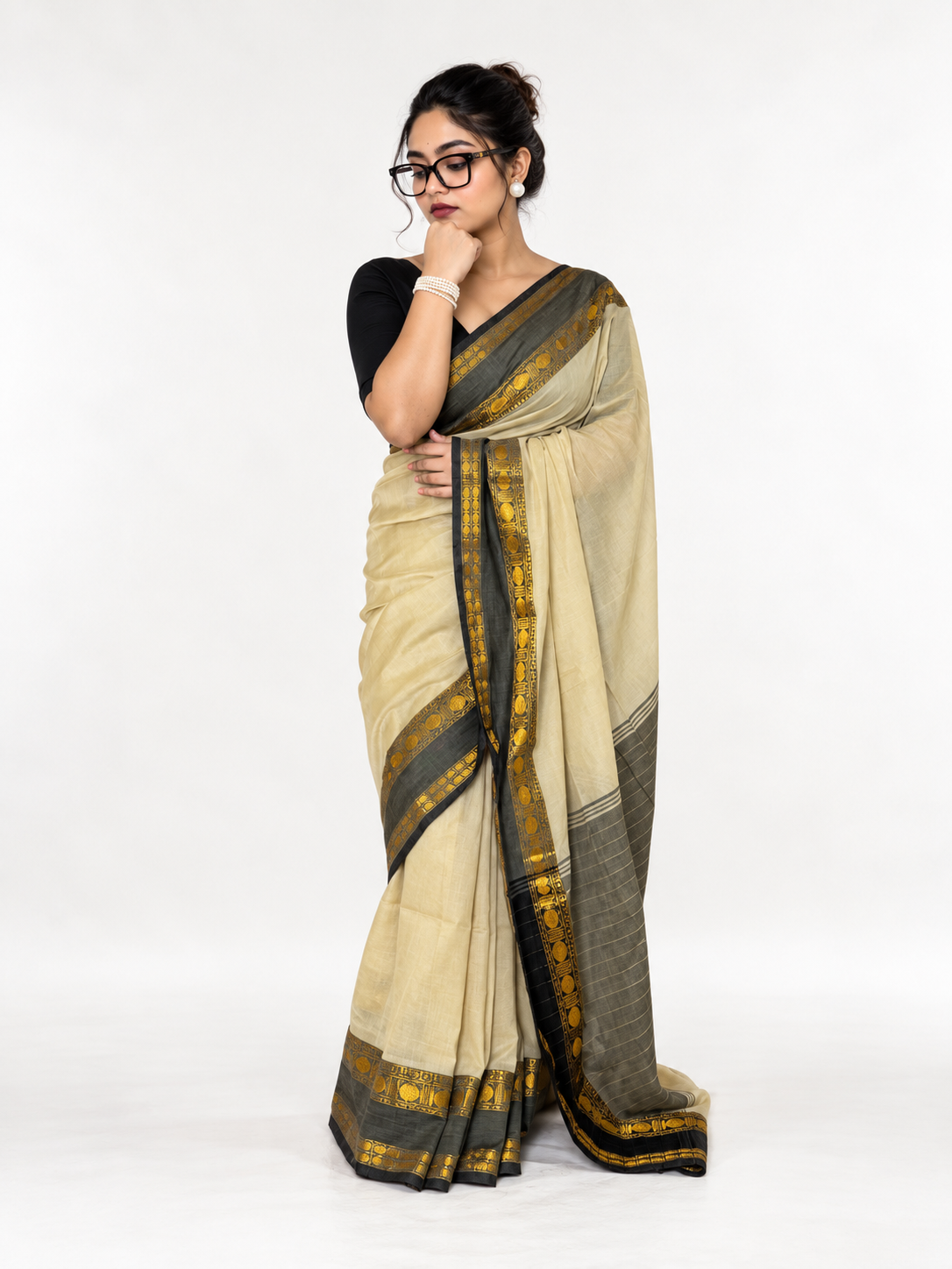 Black-beige-gold Khadi Mul Cotton Saree