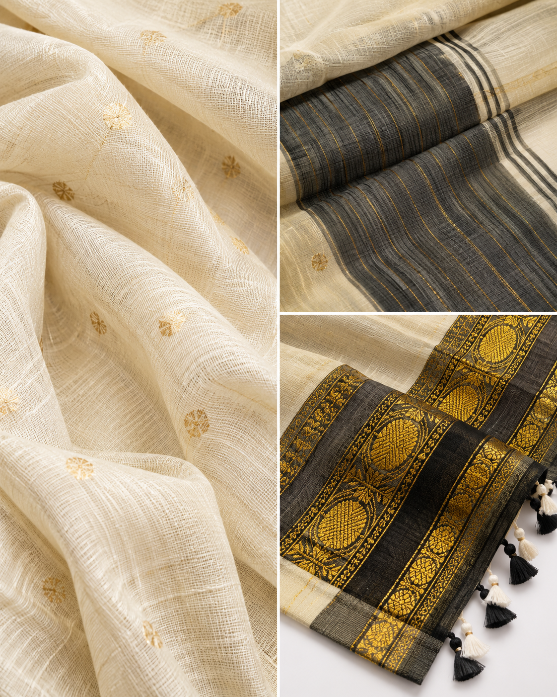 Black-beige-gold Khadi Mul Cotton Saree