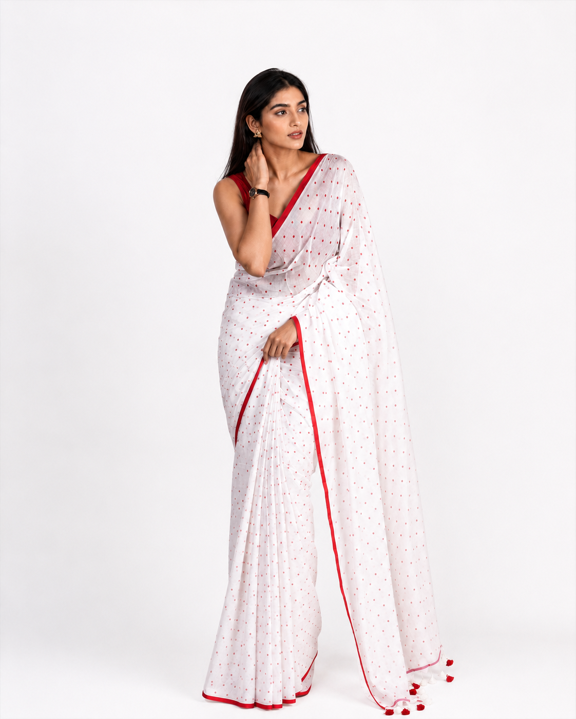 Cherry White Polka Mul Cotton Saree In Red White