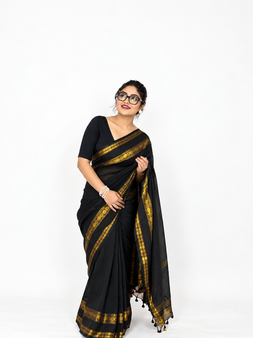 Black and Gold Khadi Mul Cotton saree