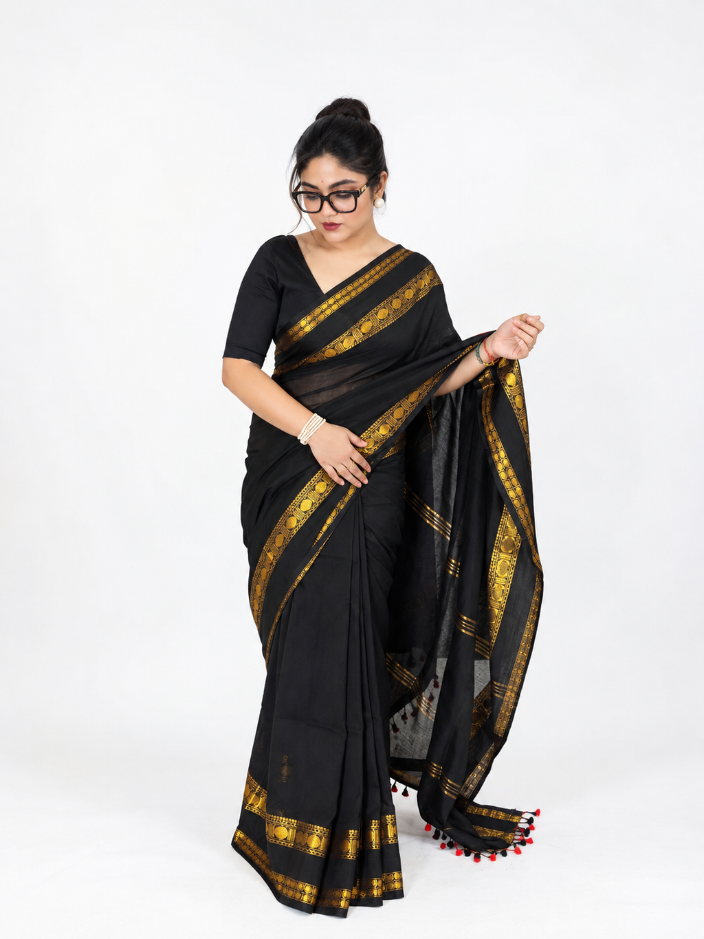 Black and Gold Khadi Mul Cotton saree