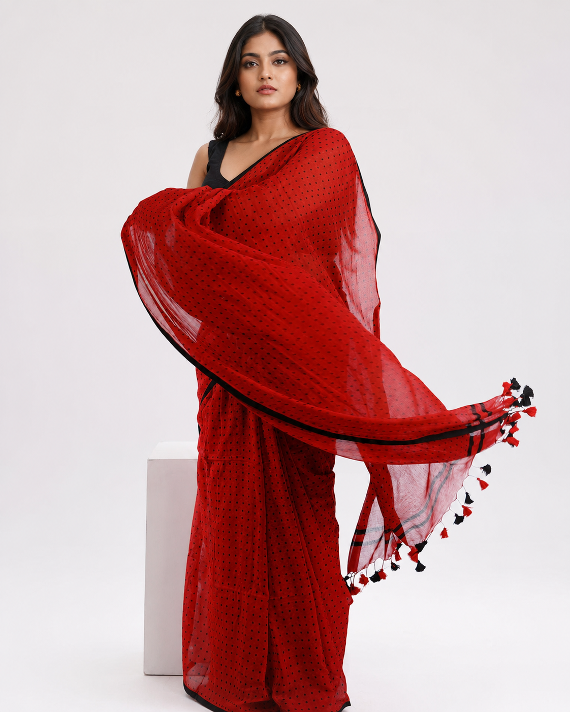 Cherry Coke Polka Mul Cotton Saree In Red Black