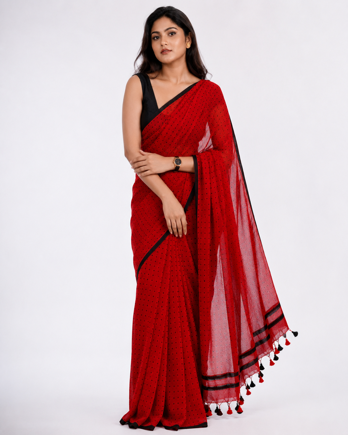 Cherry Coke Polka Mul Cotton Saree In Red Black