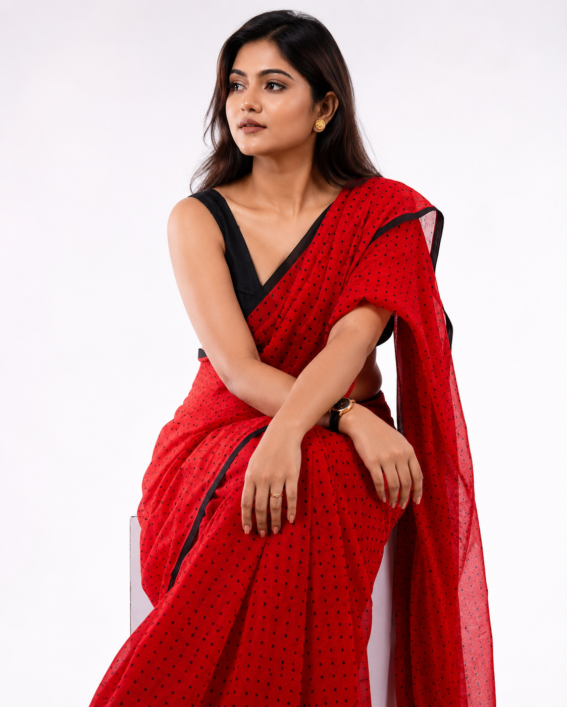 Cherry Coke Polka Mul Cotton Saree In Red Black
