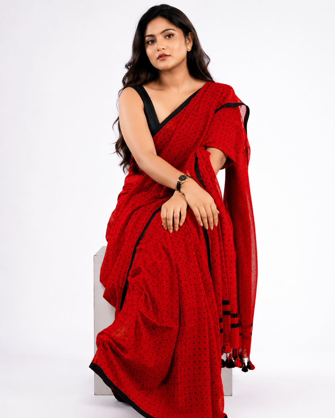 Cherry Coke Polka Mul Cotton Saree In Red Black