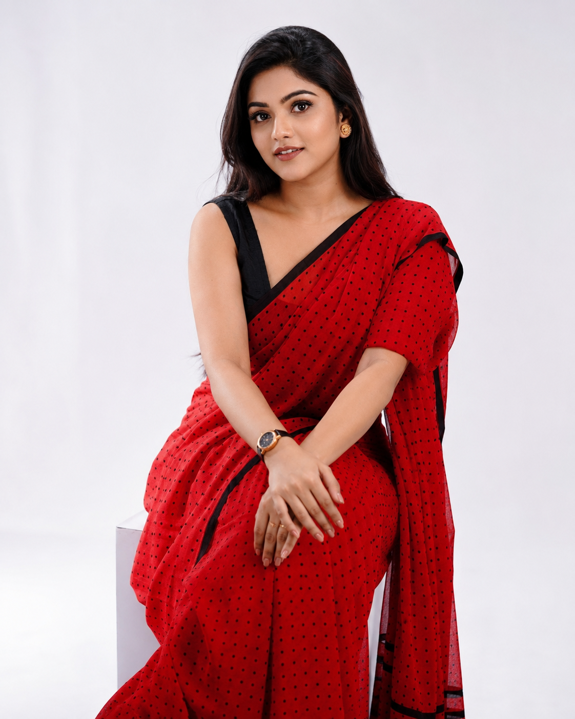 Cherry Coke Polka Mul Cotton Saree In Red Black