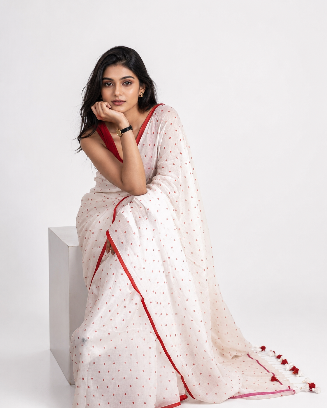 Cherry White Polka Mul Cotton Saree In Red White
