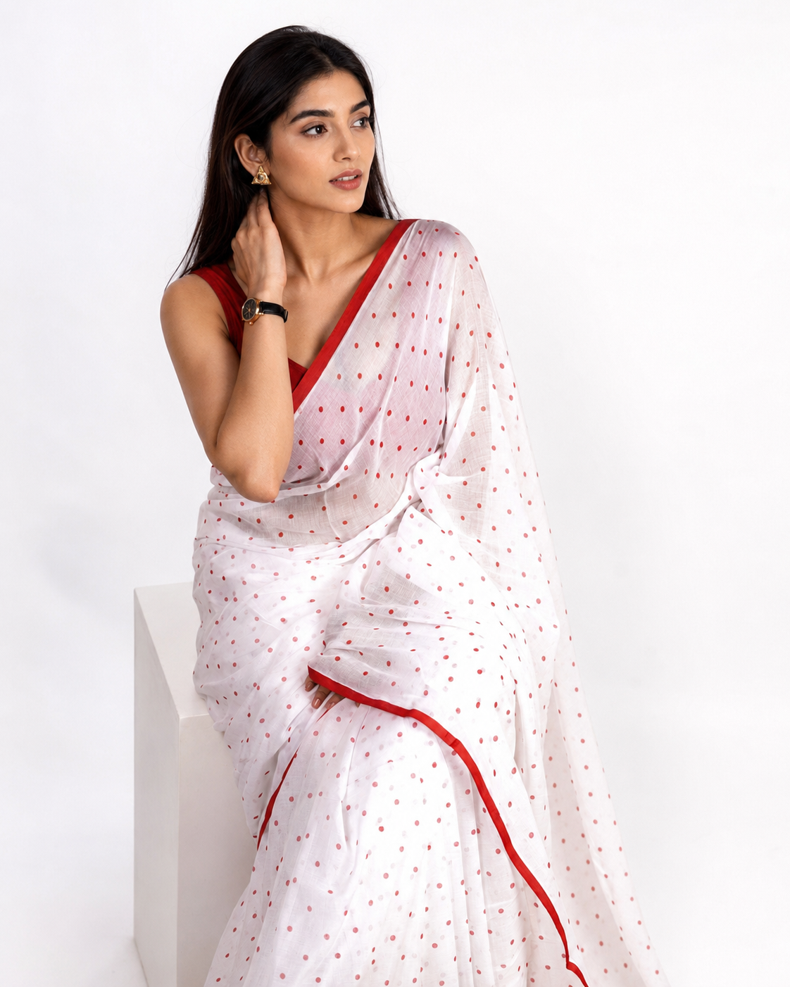Cherry White Polka Mul Cotton Saree In Red White
