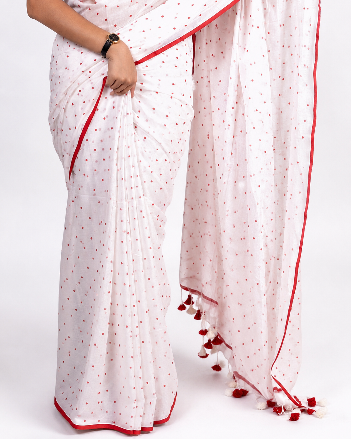 Cherry White Polka Mul Cotton Saree In Red White