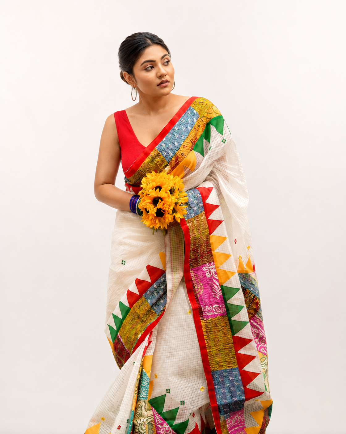 Fuljhadi Safaed Kantha Stitch Resham Kota Saree