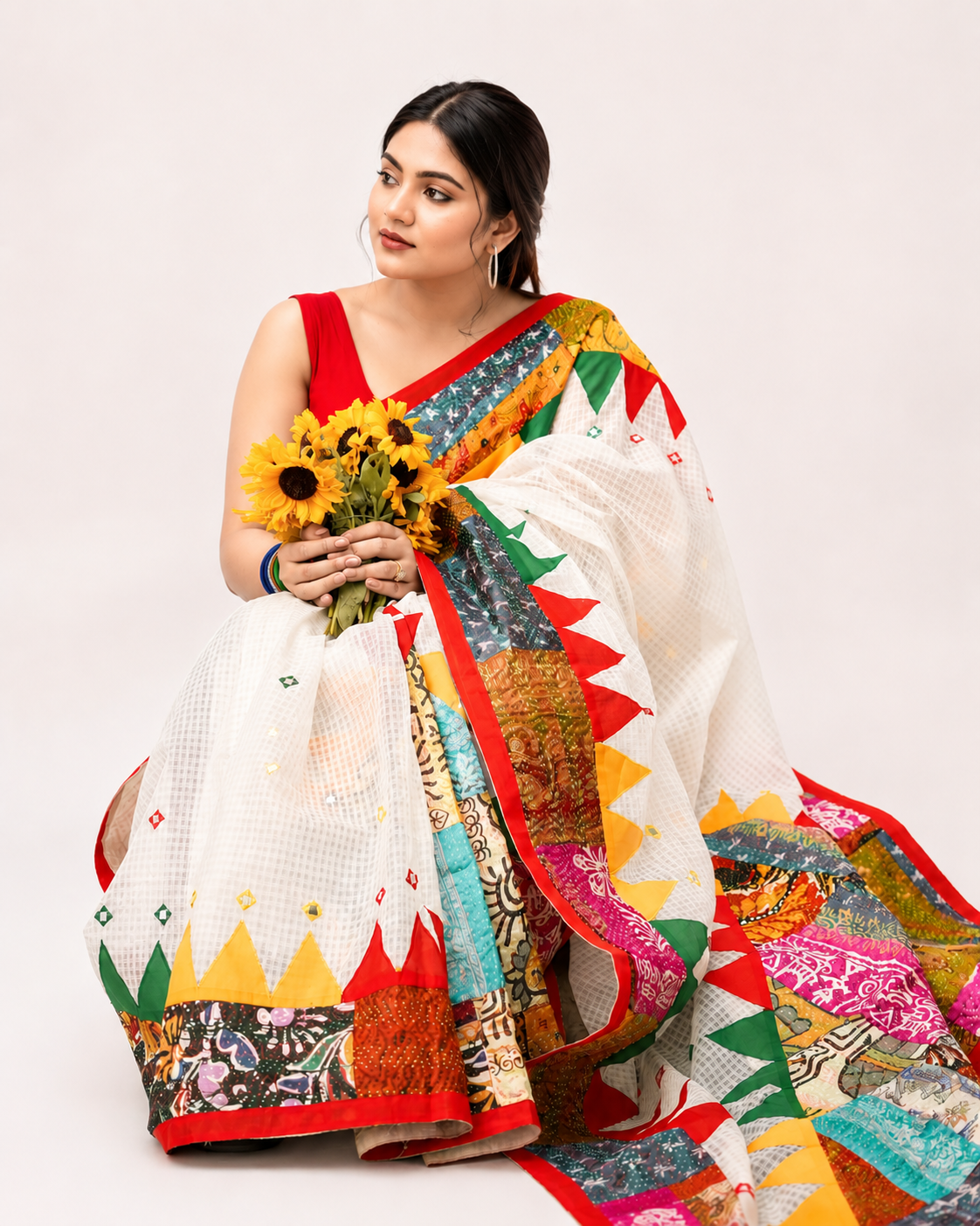 Fuljhadi Safaed Kantha Stitch Resham Kota Saree