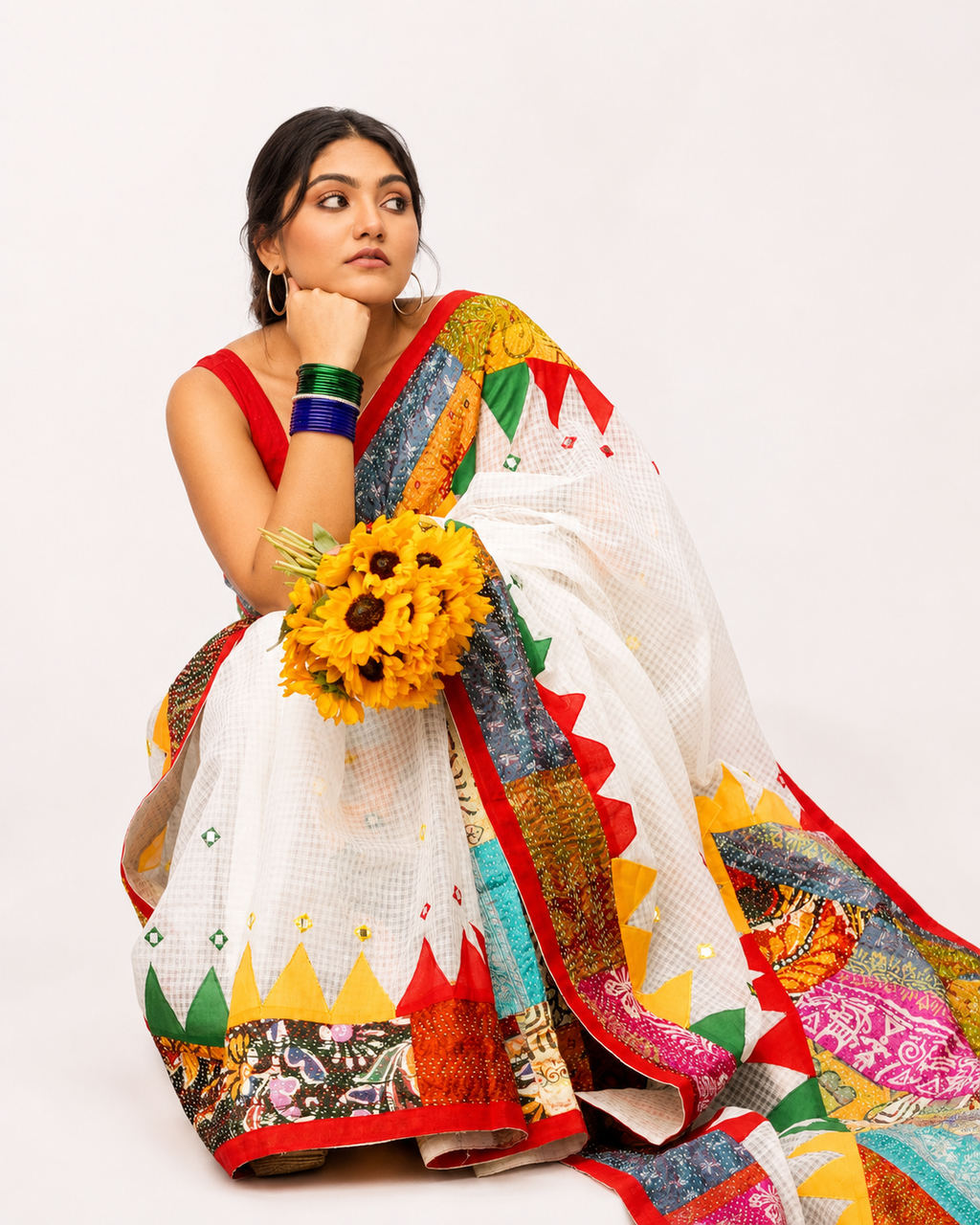 Fuljhadi Safaed Kantha Stitch Resham Kota Saree
