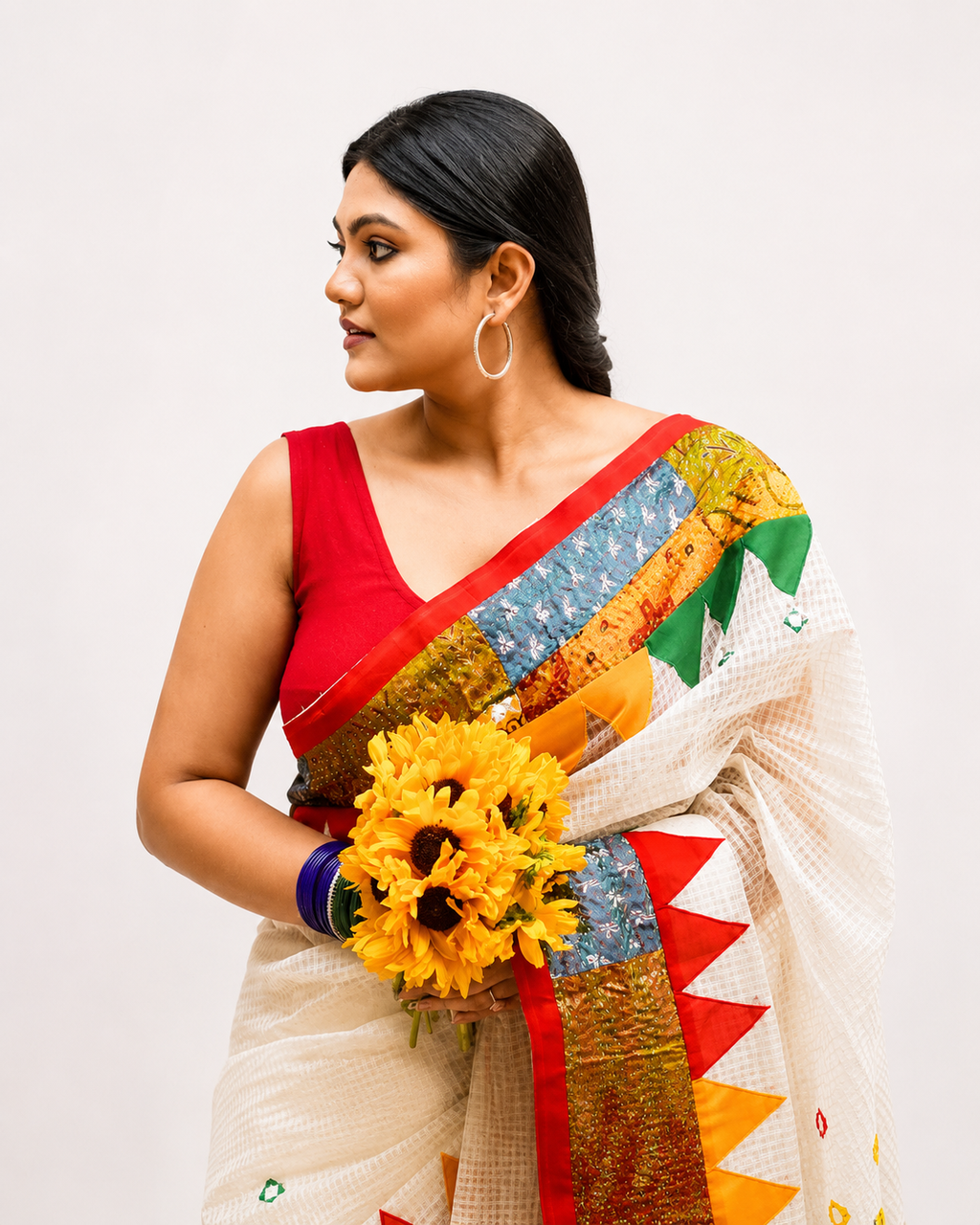 Fuljhadi Safaed Kantha Stitch Resham Kota Saree