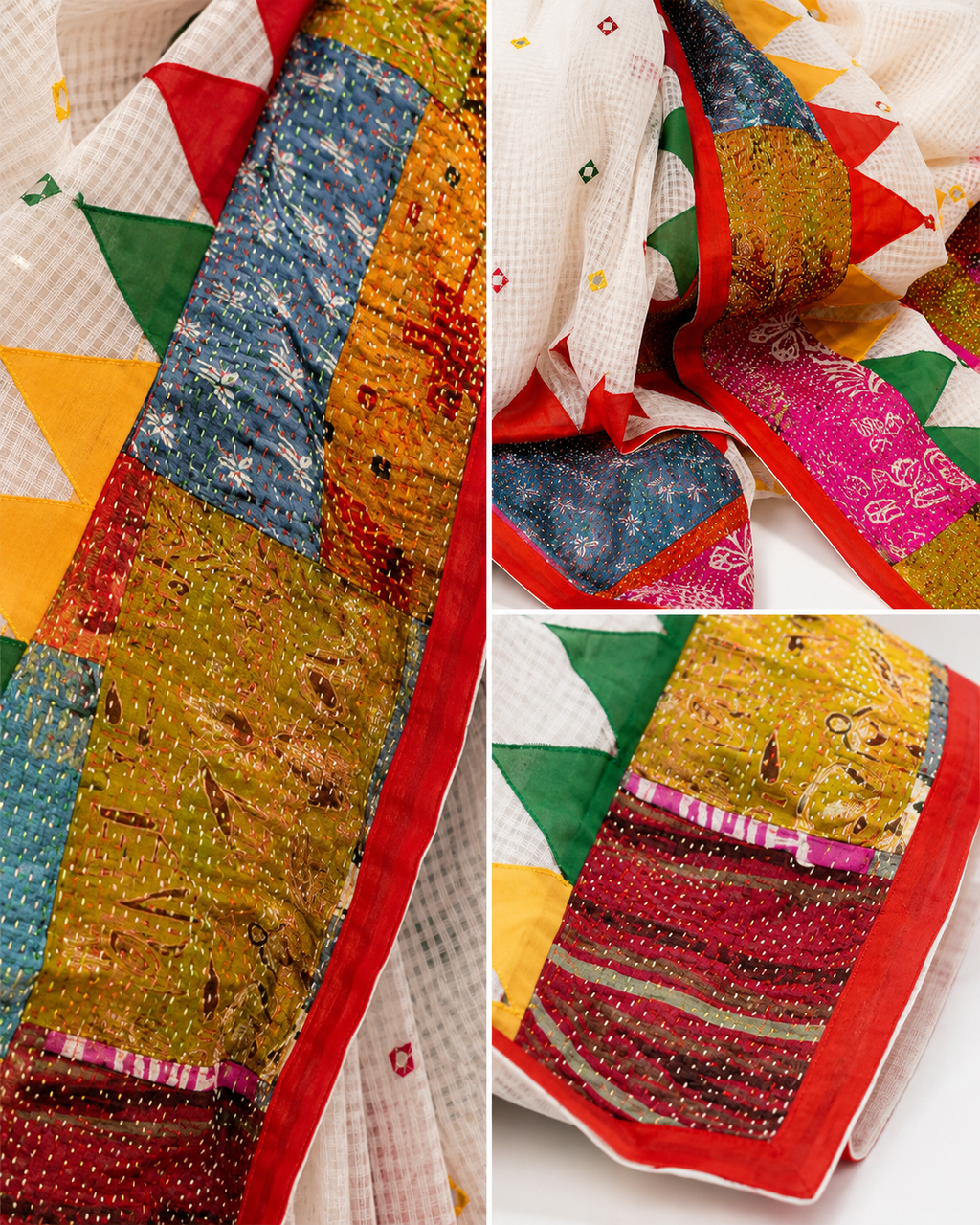 Fuljhadi Safaed Kantha Stitch Resham Kota Saree