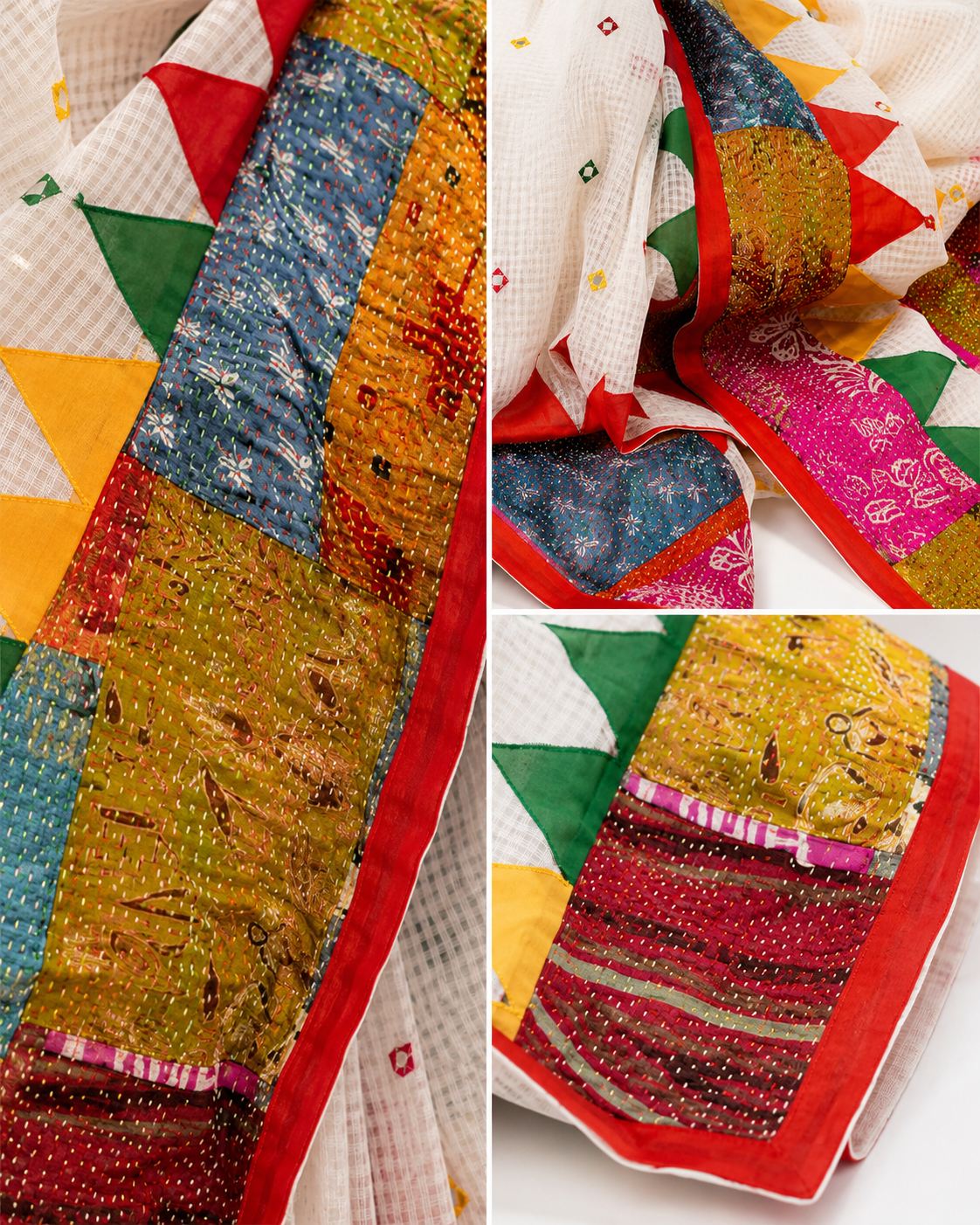 Fuljhadi Safaed Kantha Stitch Resham Kota Saree