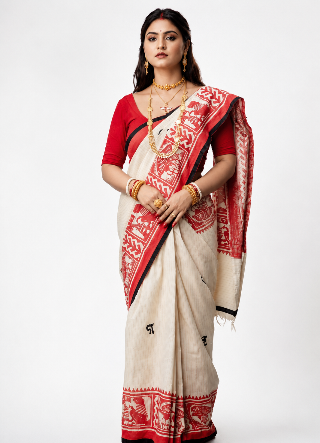 Komolikar Sahaj Path Khadi Cotton Saree In Red White