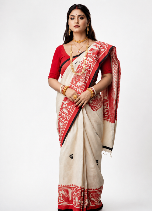 Komolikar Sahaj Path Khadi Cotton Saree In Red White