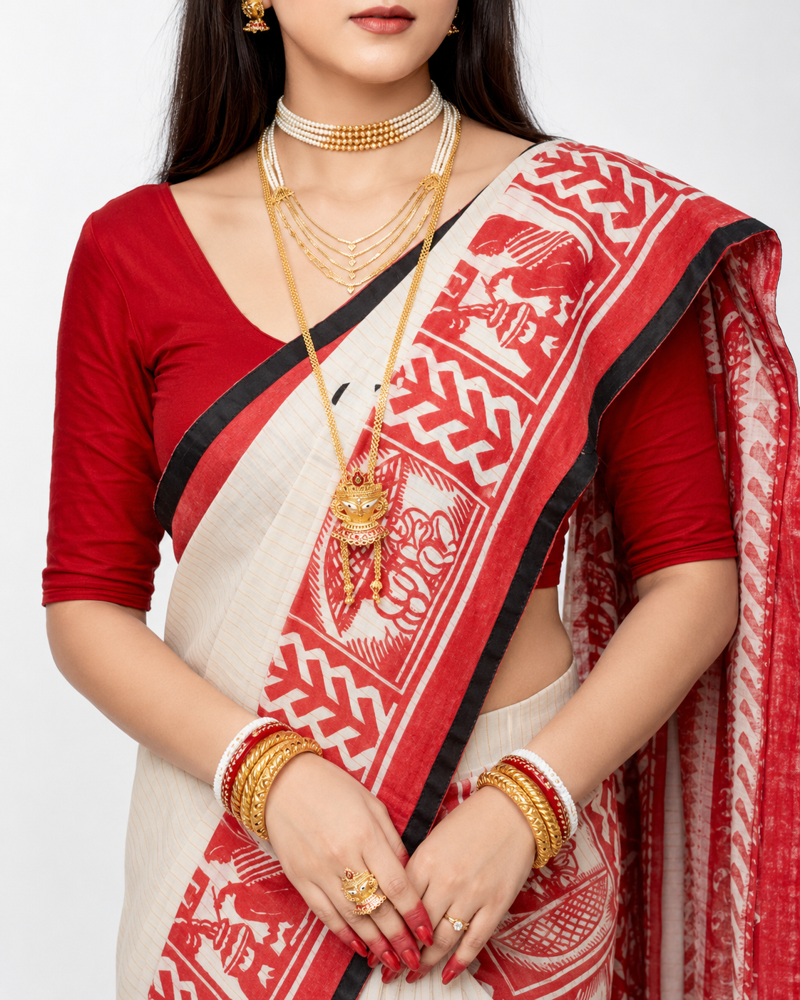 Komolikar Sahaj Path Khadi Cotton Saree In Red White