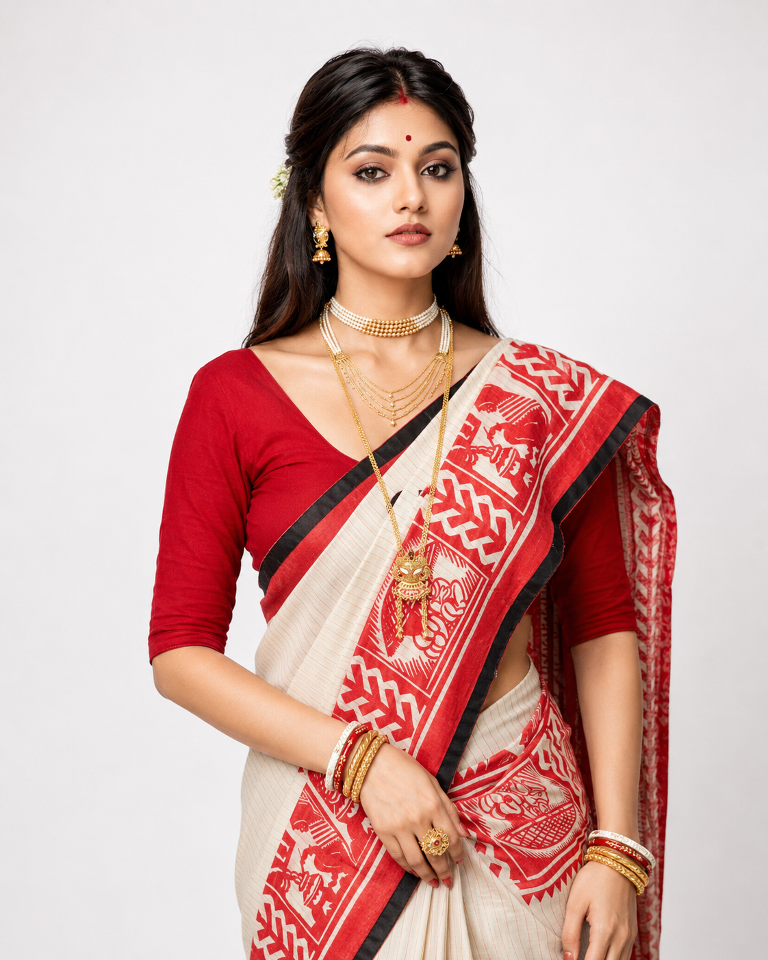 Komolikar Sahaj Path Khadi Cotton Saree In Red White