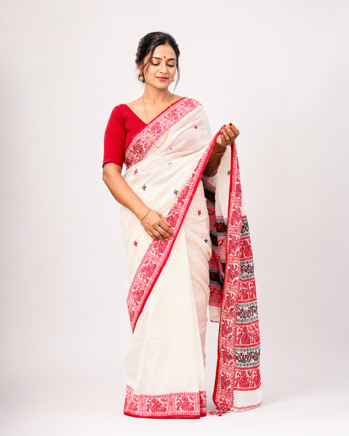 Kuheli Black Red And White Assam Khadi Saree