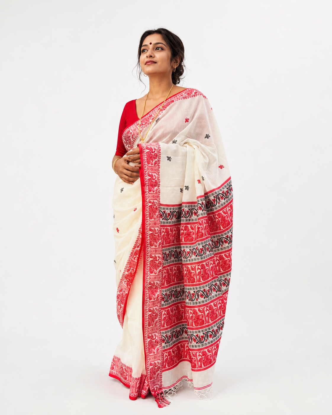 Kuheli Black Red And White Assam Khadi Saree