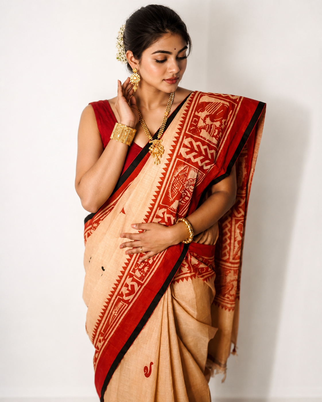 Meghbalikar Sahaj Path Khadi Cotton Saree In Red Tashar