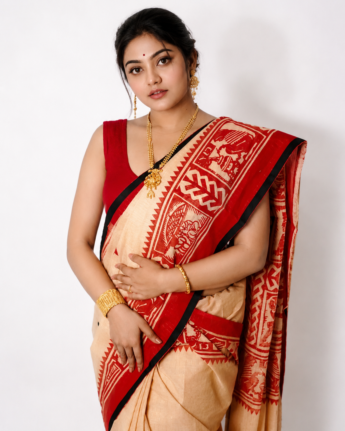 Meghbalikar Sahaj Path Khadi Cotton Saree In Red Tashar