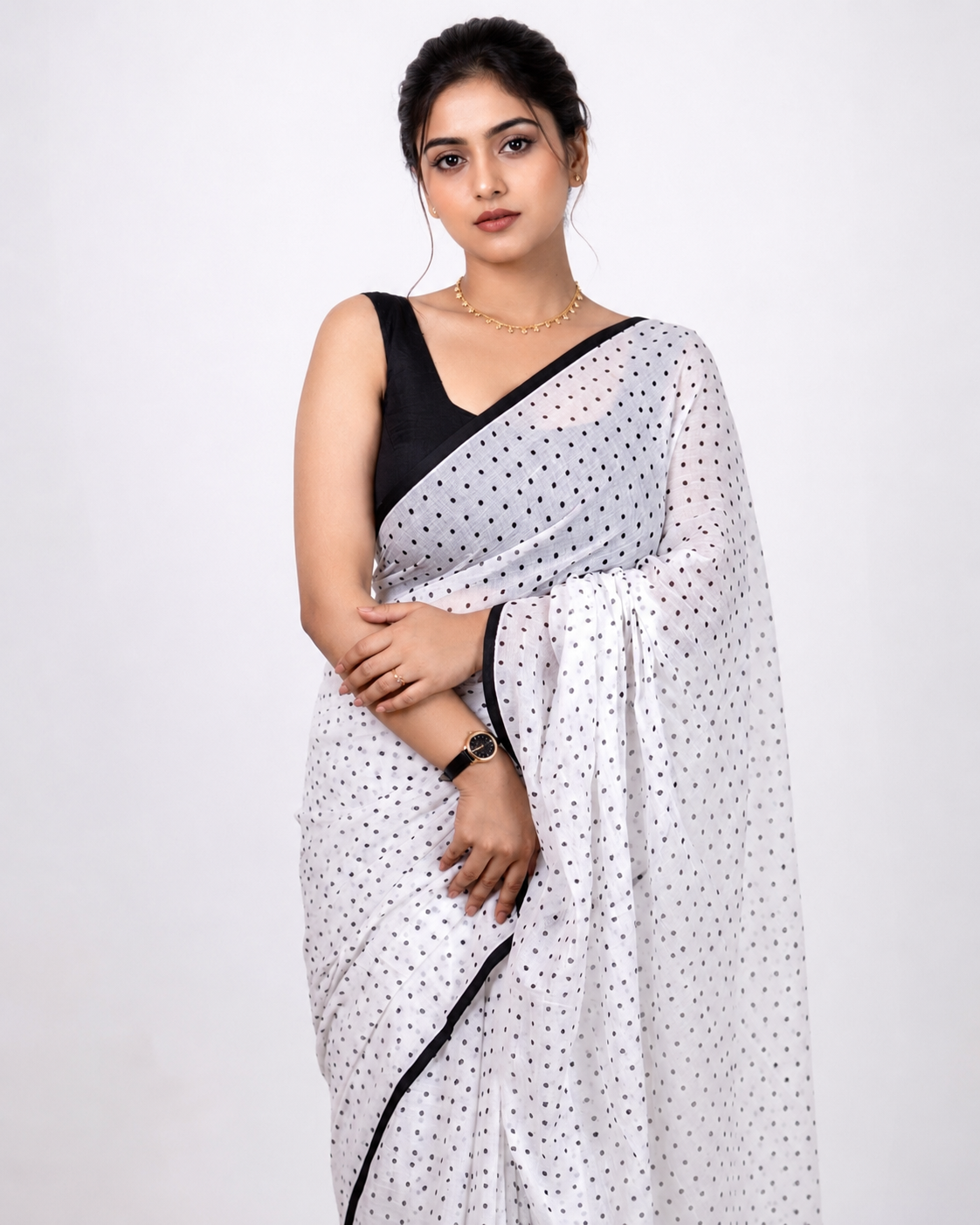 Moonlight Beam Polka Mul Cotton Saree In Black White