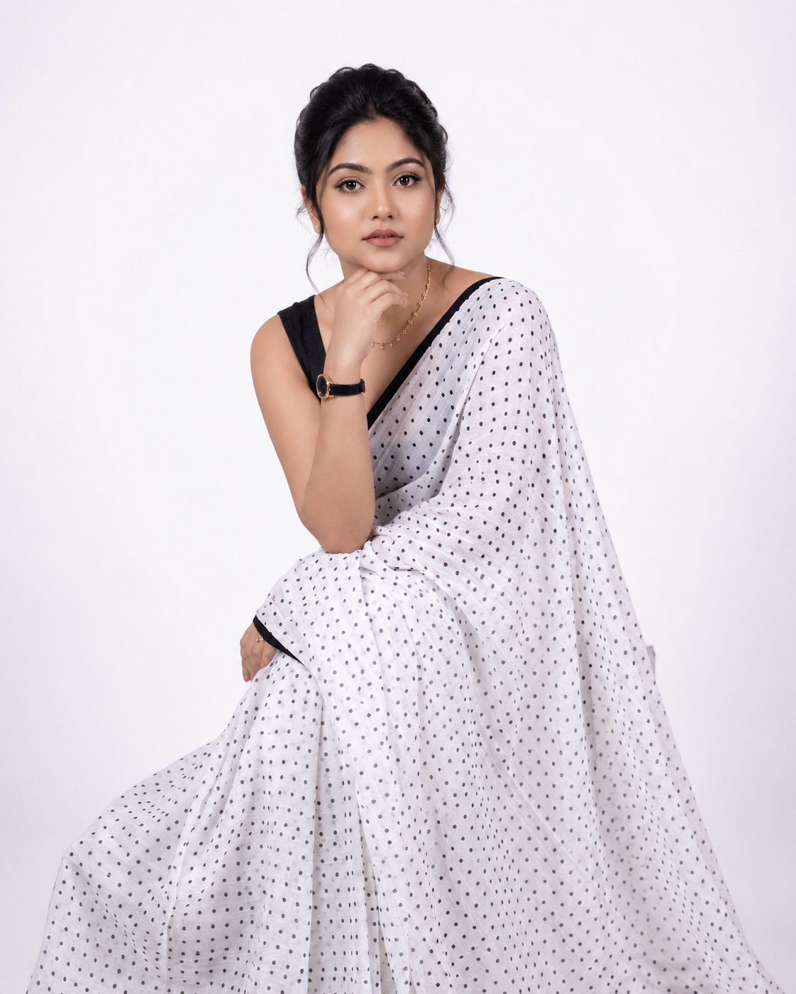 Moonlight Beam Polka Mul Cotton Saree In Black White