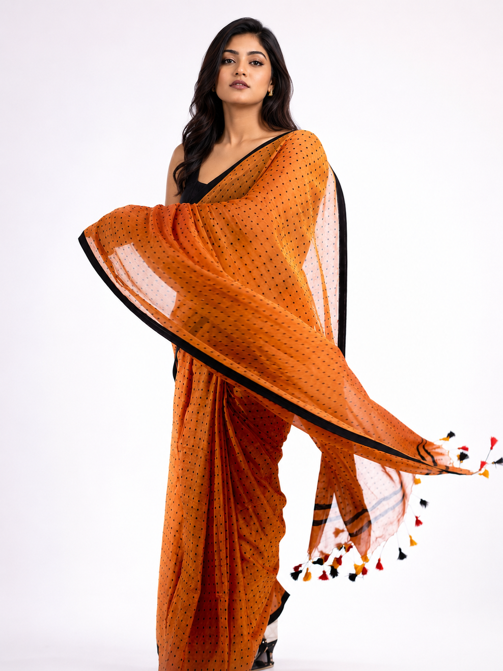 Peach Crush Polka Mul Cotton Saree In Peach Black