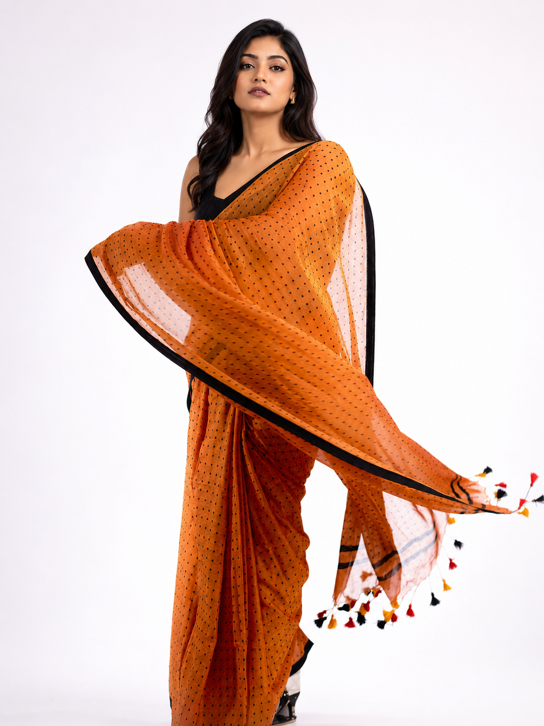 Peach Crush Polka Mul Cotton Saree In Peach Black