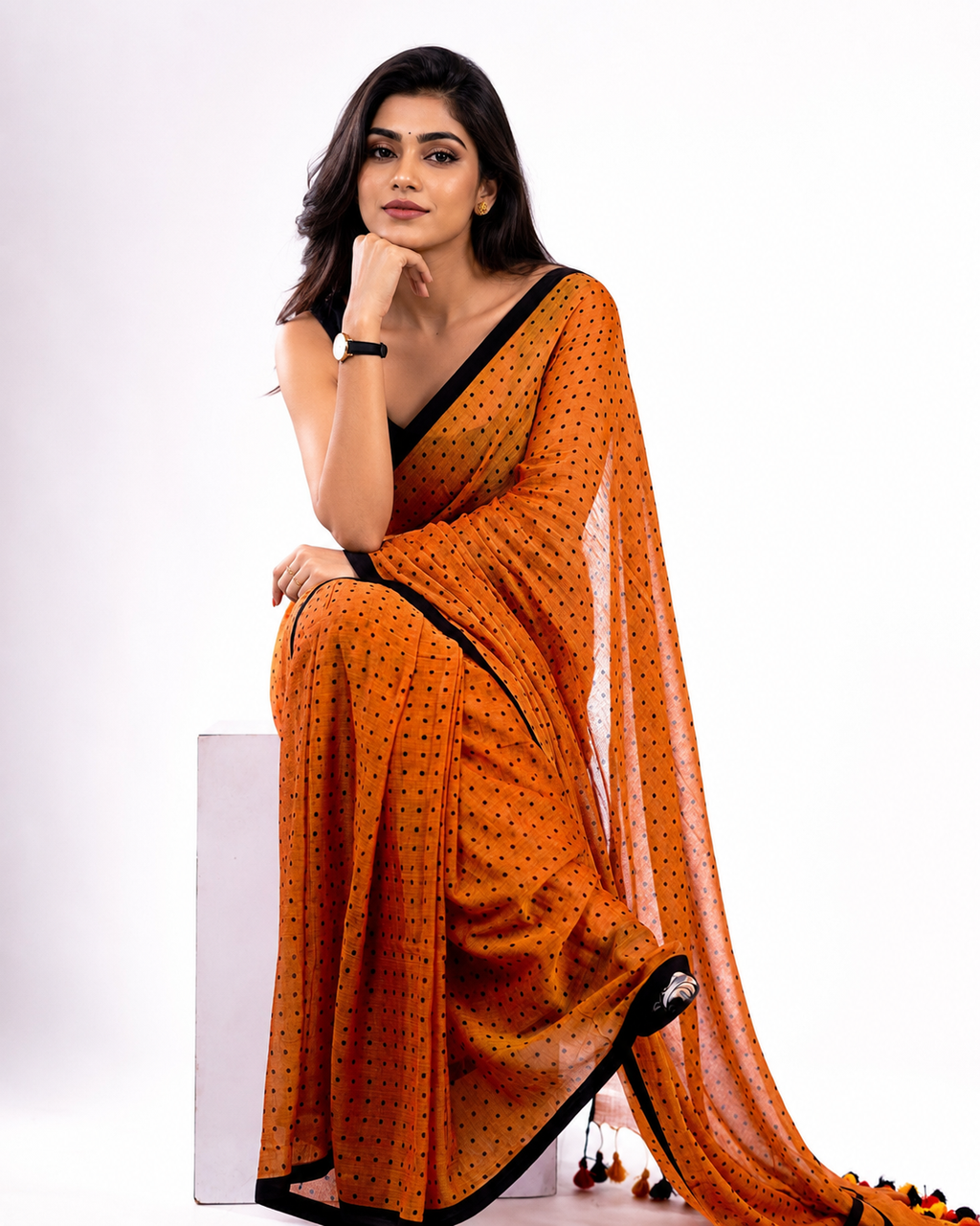 Peach Crush Polka Mul Cotton Saree In Peach Black
