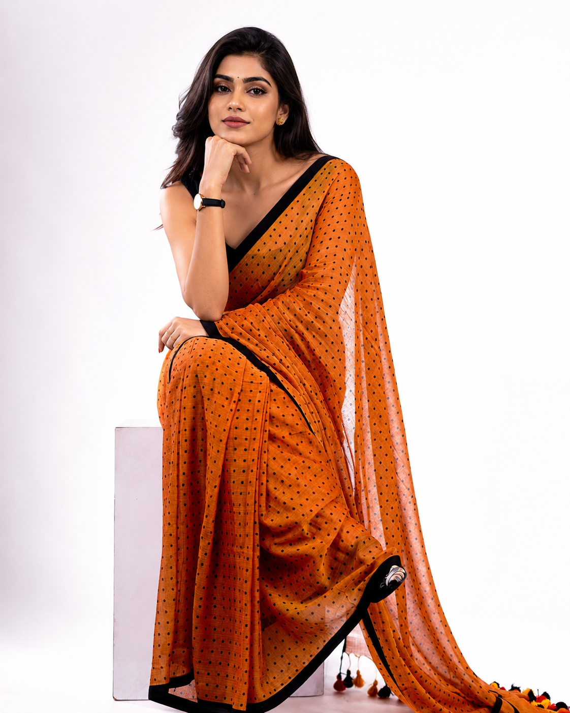 Peach Crush Polka Mul Cotton Saree In Peach Black