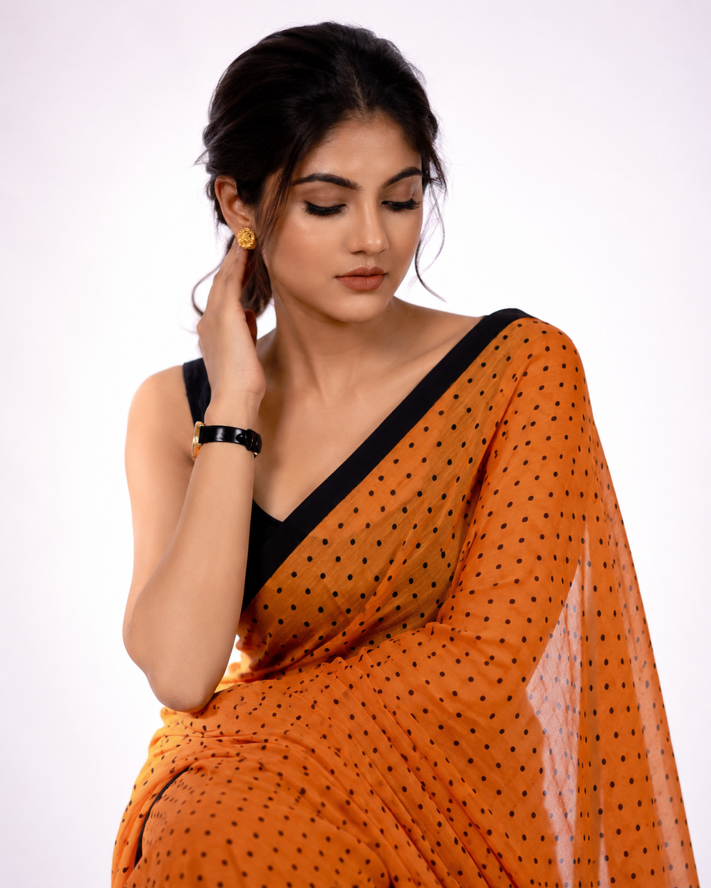 Peach Crush Polka Mul Cotton Saree In Peach Black
