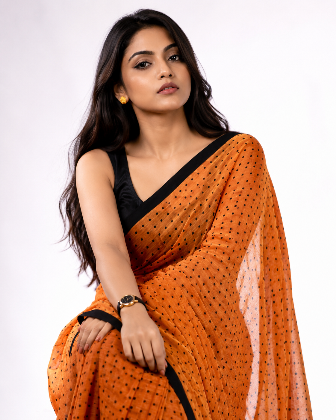Peach Crush Polka Mul Cotton Saree In Peach Black