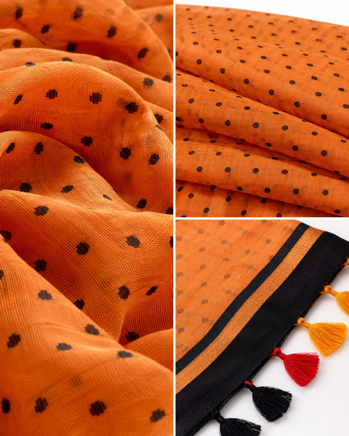 Peach Crush Polka Mul Cotton Saree In Peach Black