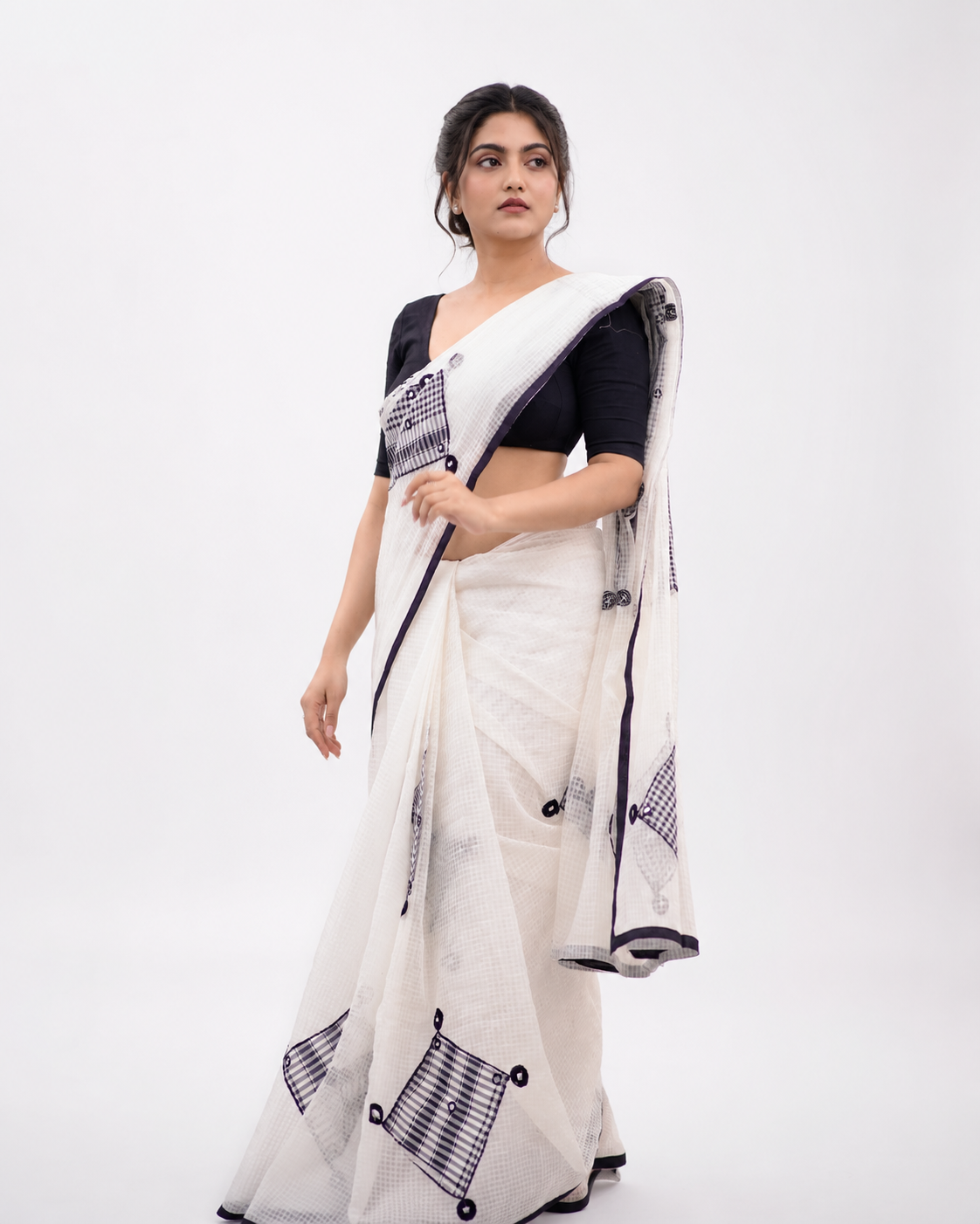 Sandra Resham Kota Gamcha Patchwork Saree In Black